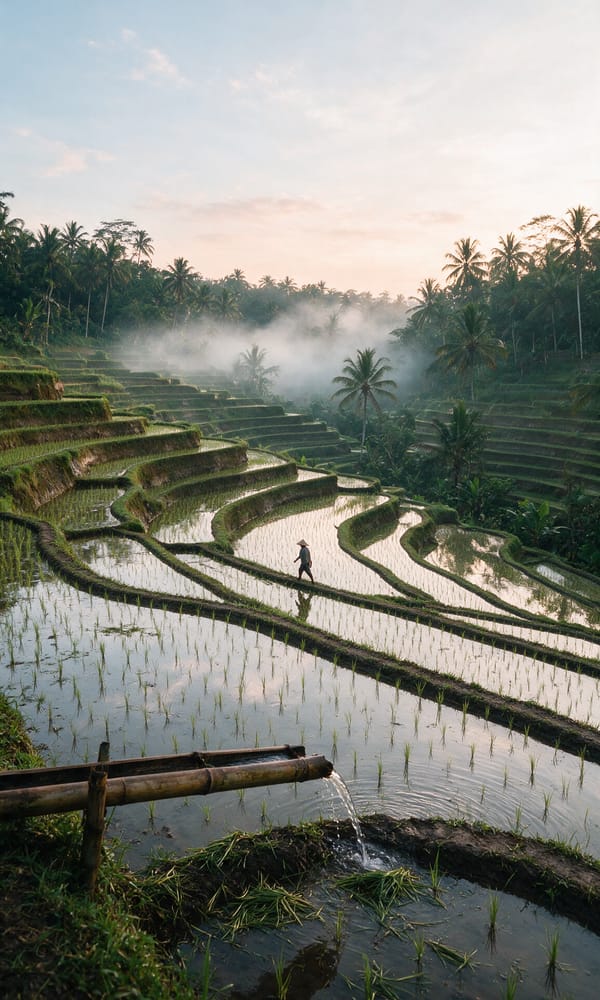 Dawn mist over flooded rice terraces near Ubud with a farmer walking a narrow earth bund