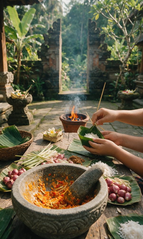 Spice paste in a stone mortar and banana-leaf plates at a family cooking class near Ubud