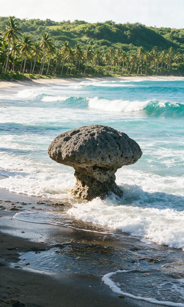 A mushroom-shaped coral boulder standing in white Atlantic surf at Bathsheba, Barbados
