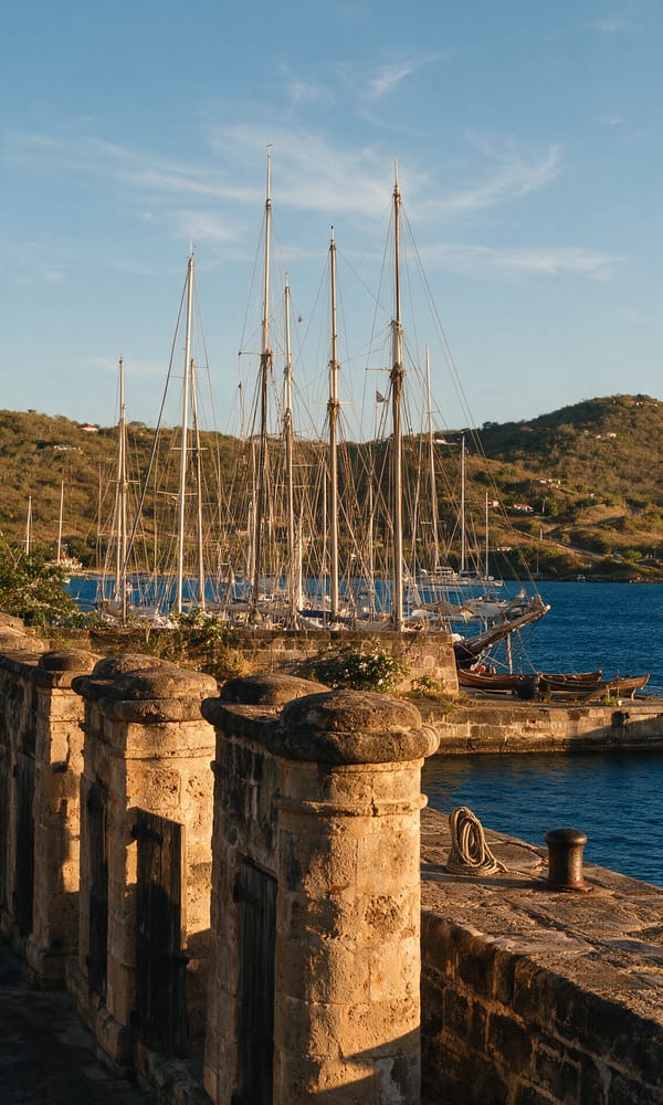 Weathered Georgian stone pillars and the masts of the charter fleet at English Harbour, Antigua