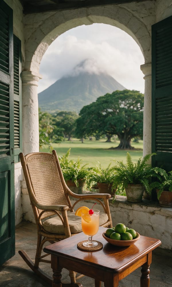 Rum punch and limes on the veranda of a stone plantation inn below Nevis Peak