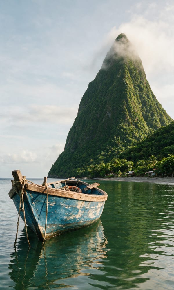 A wooden boat moored below the forested spire of Petit Piton at Soufrière, St. Lucia