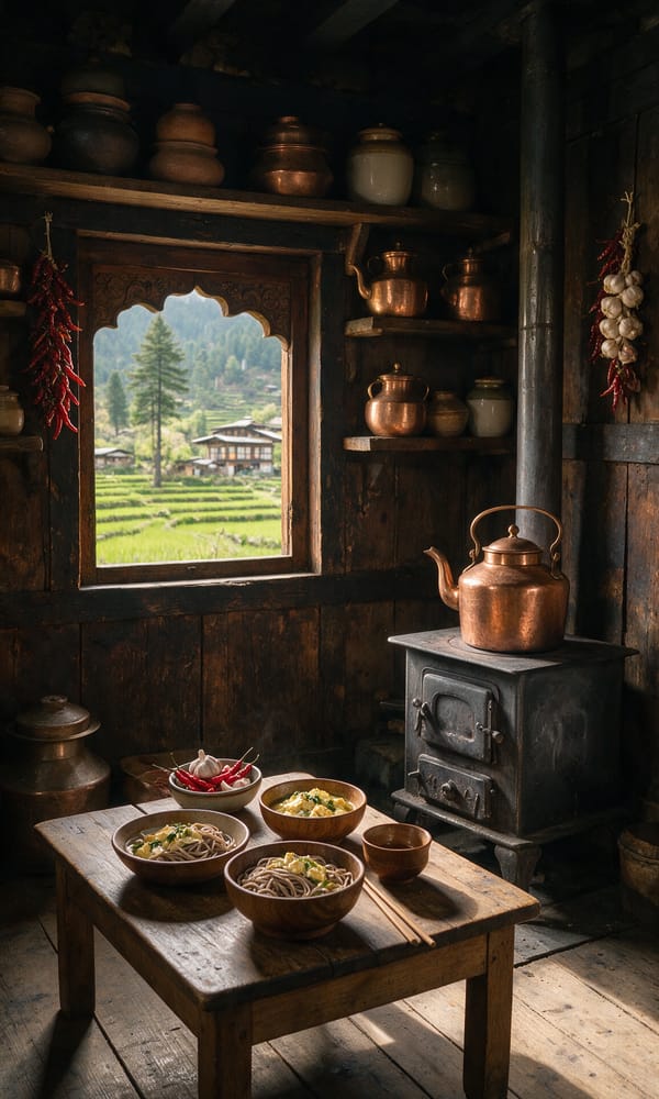 Wooden bowls of buckwheat noodles and butter tea in a Bumthang farmhouse kitchen