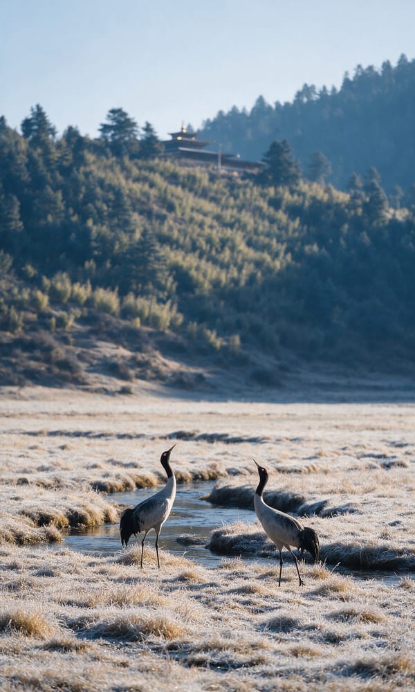 Two black-necked cranes on the frosted marsh of Bhutan's Phobjikha valley in winter