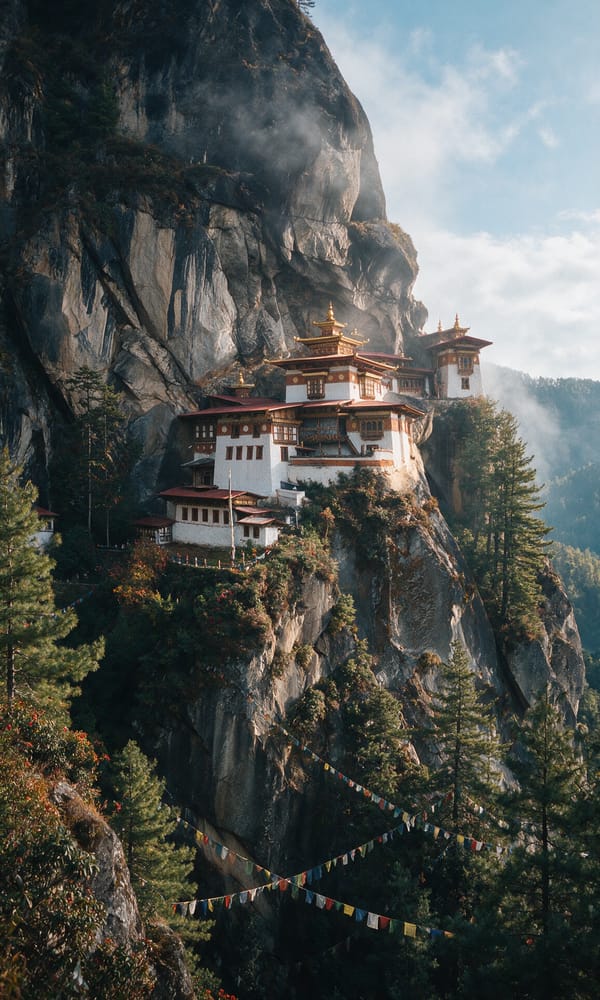 Taktsang monastery's white walls and gold roofs clinging to a misty granite cliff above Paro