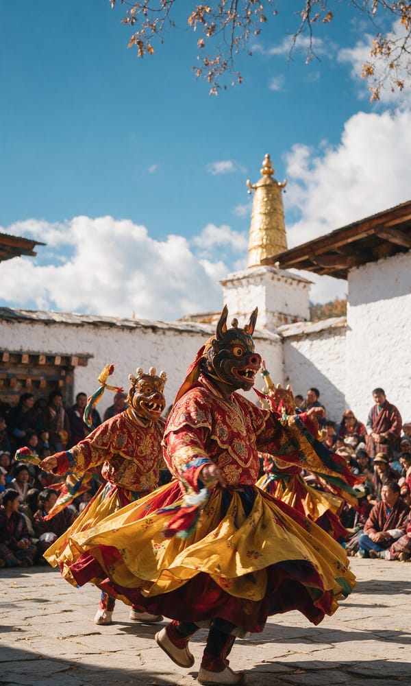 Masked cham dancers in brocade robes mid-turn in a Bhutanese dzong courtyard at a tsechu