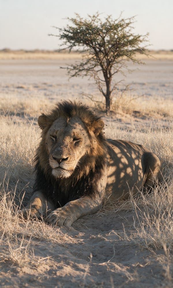 A black-maned desert lion resting in bleached grass under a camelthorn in the Central Kalahari