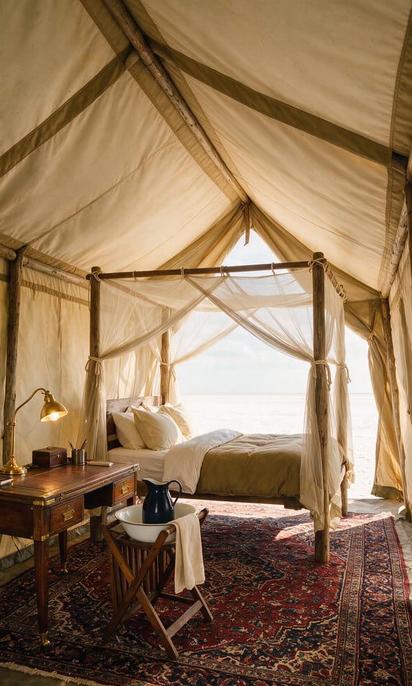 Persian rugs, a campaign desk and a netted bed inside a canvas safari tent open to the salt pan
