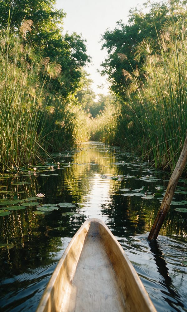 Water lilies parting at the bow of a mokoro canoe in a papyrus channel of the Okavango Delta