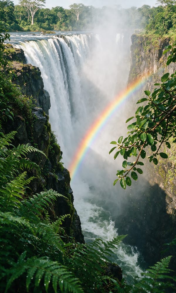 Rainforest ferns framing the falling white curtain and rainbow mist of Victoria Falls