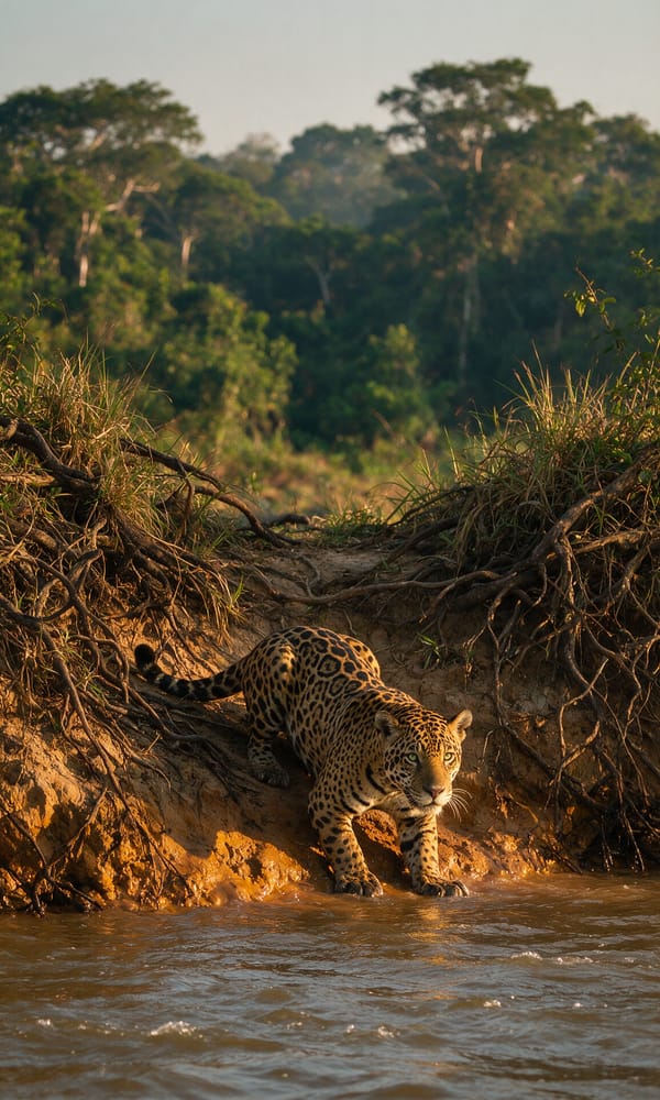 A jaguar watching from the clay riverbank of the Cuiaba River in the northern Pantanal