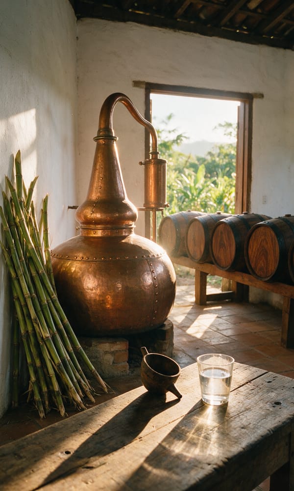 A copper pot still and stacked sugarcane inside a family cachaca distillery near Paraty