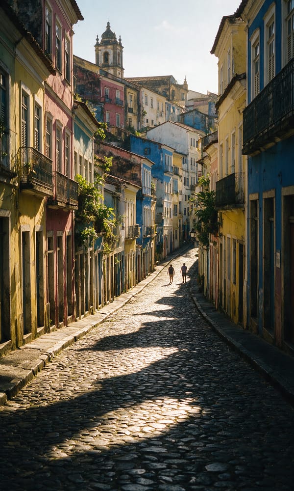 A steep cobbled street of pastel colonial houses in Salvador's Pelourinho below a church tower