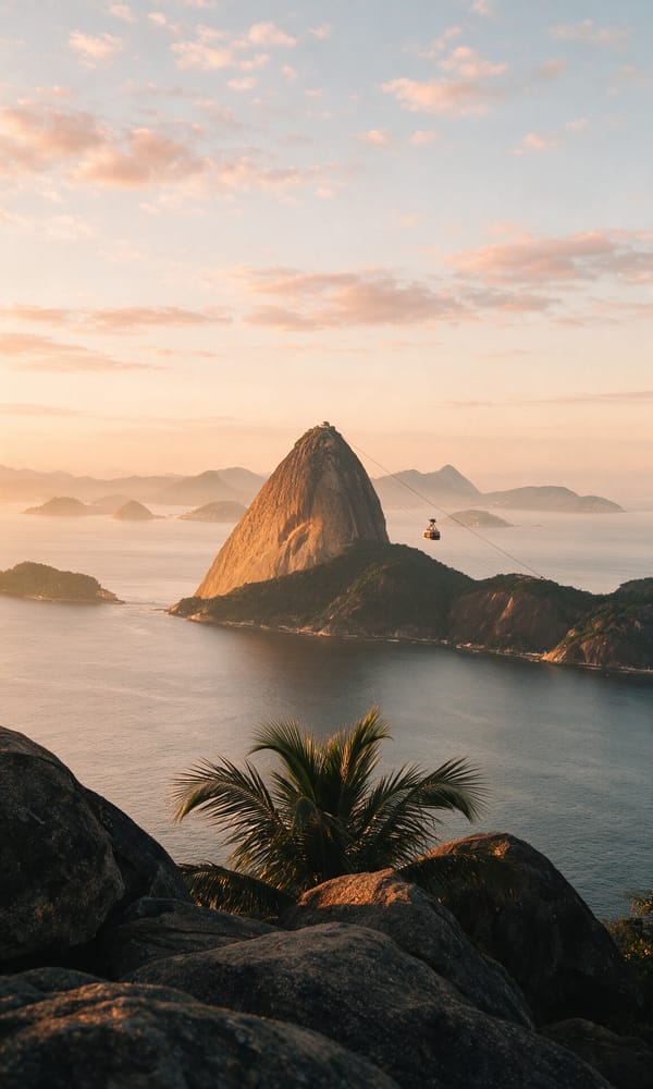Sugarloaf Mountain above Guanabara Bay at sunrise seen from the granite rocks of Praia Vermelha