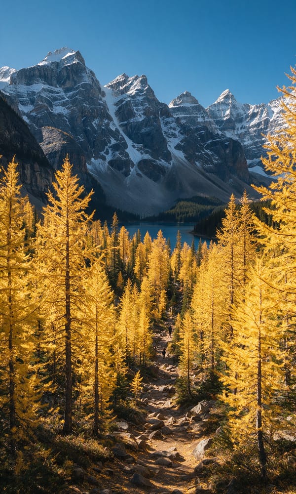 Golden alpine larches lining a trail in Larch Valley below the first snow on the Ten Peaks