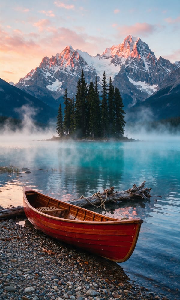 A red canoe on the gravel shore at dawn on Maligne Lake below the snow-streaked Rockies