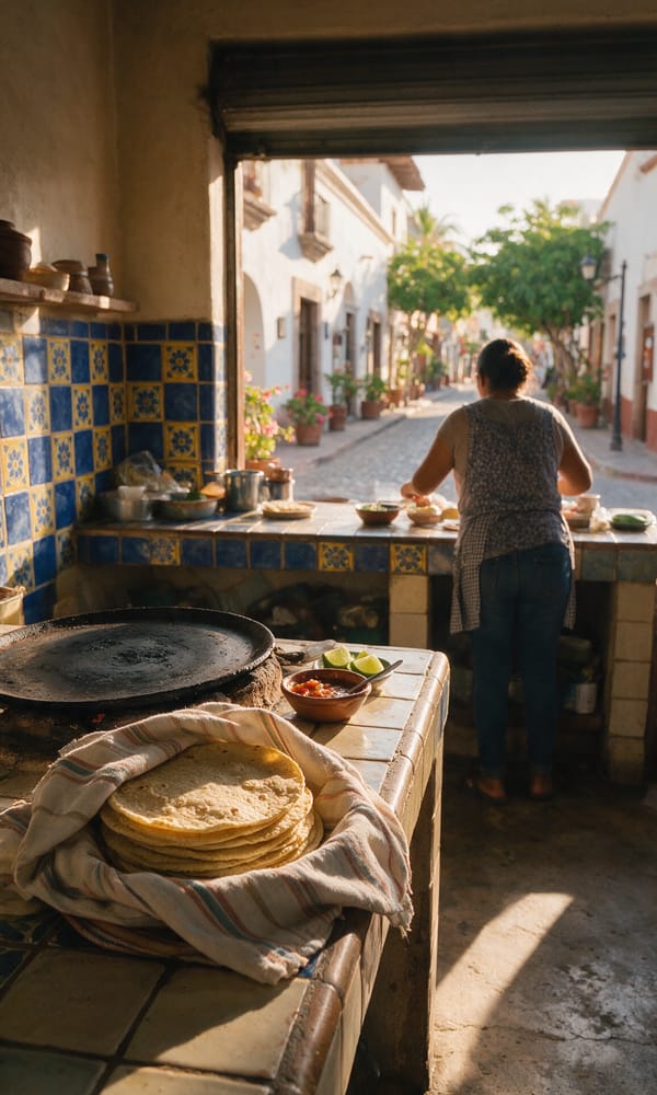 Warm corn tortillas in a striped cloth beside a comal and salsa in a Baja tortillería