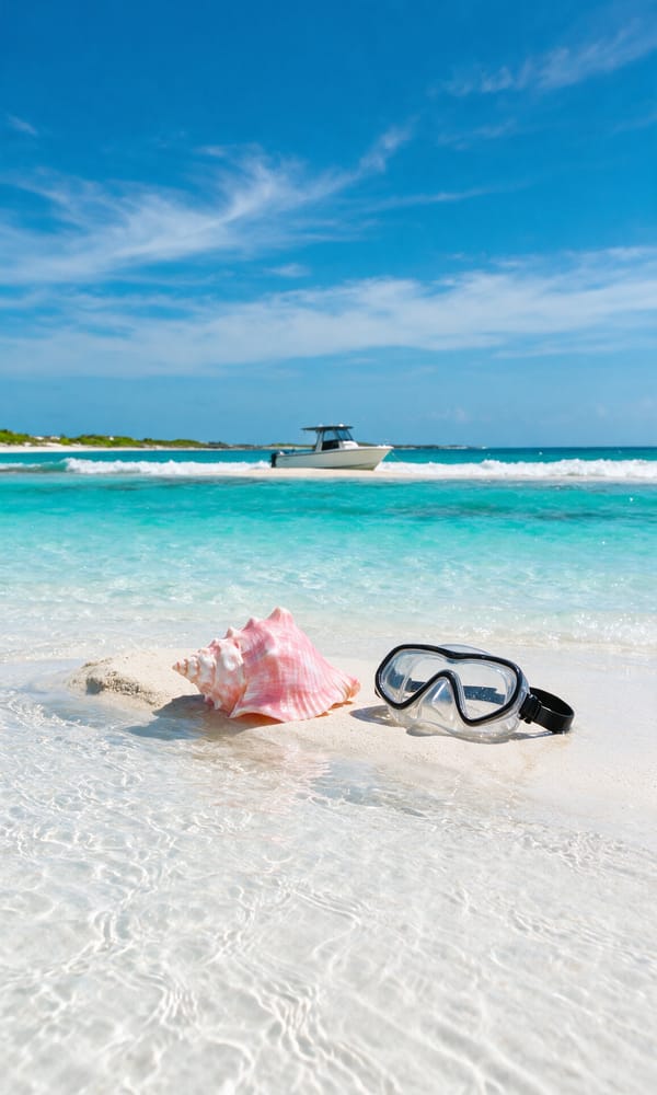 A conch shell in ankle-deep water over rippled sand with banded turquoise shallows beyond on Grace Bay