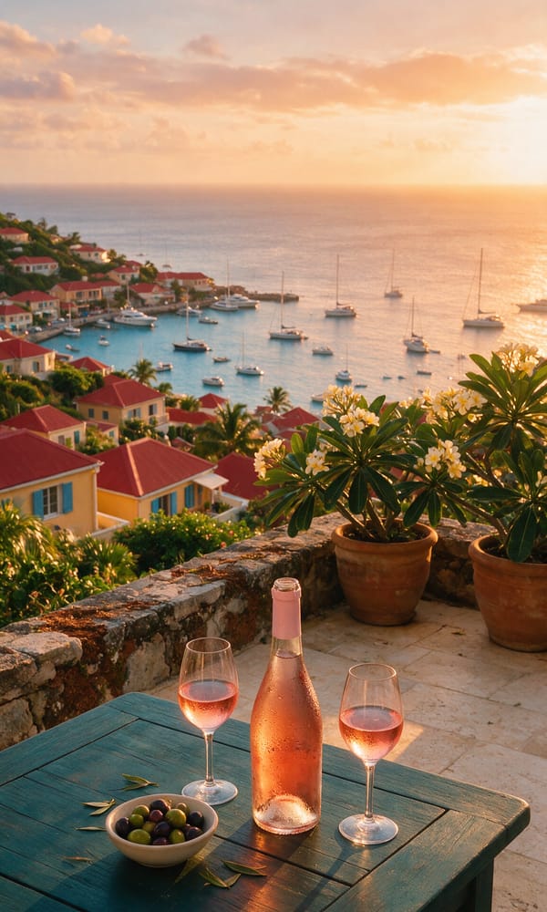 A terrace table with wine and olives above the red roofs and moored yachts of Gustavia at sunset