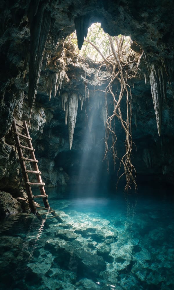 A shaft of daylight falling through hanging roots into a clear cave cenote near Tulum