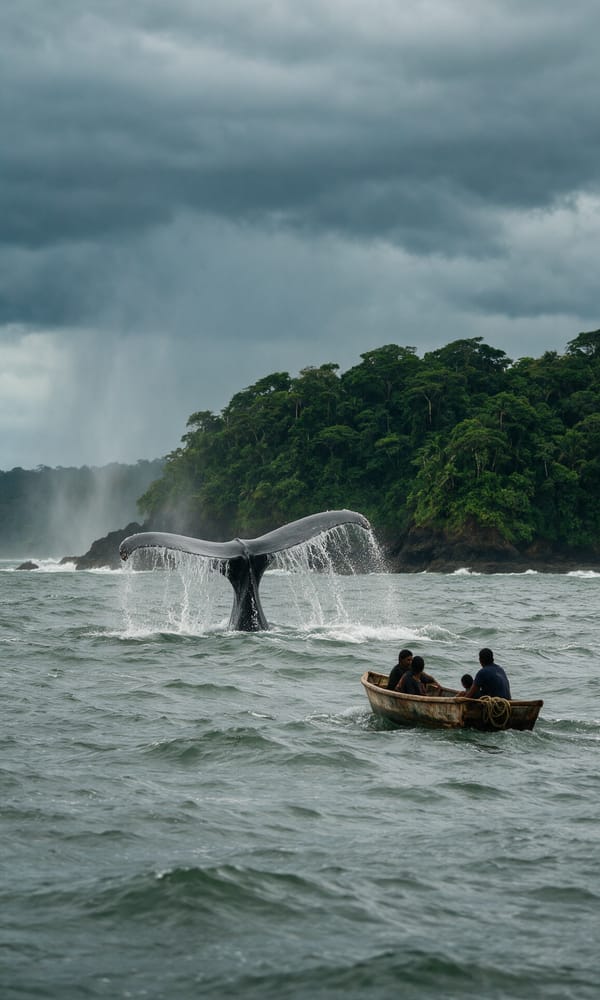 A humpback whale's flukes lifting from grey Pacific swell beside a small wooden boat off Choco
