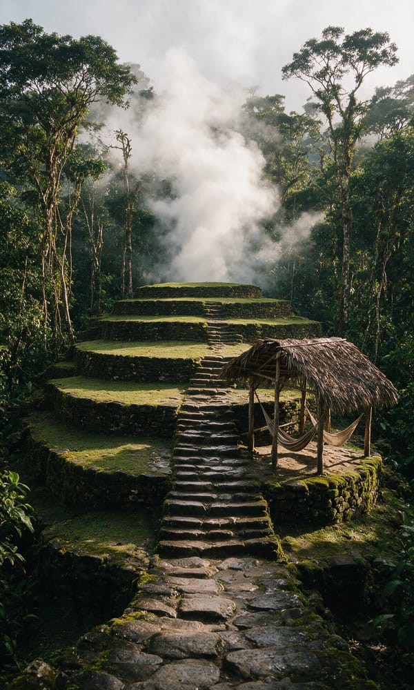 Mossy circular stone terraces and a steep stairway climbing a cloud-covered jungle ridge at Ciudad Perdida