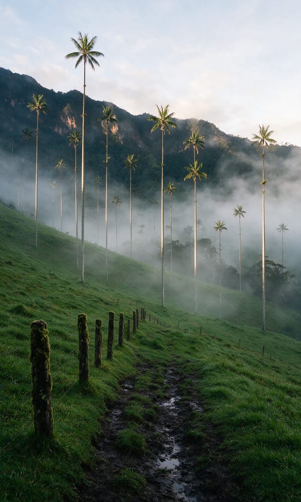 Towering wax palms rising from a misty green pasture in the Cocora valley at first light