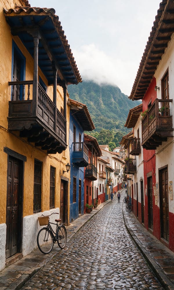 A steep cobbled Bogotá lane of painted colonial houses climbing toward the cloud-covered Monserrate ridge