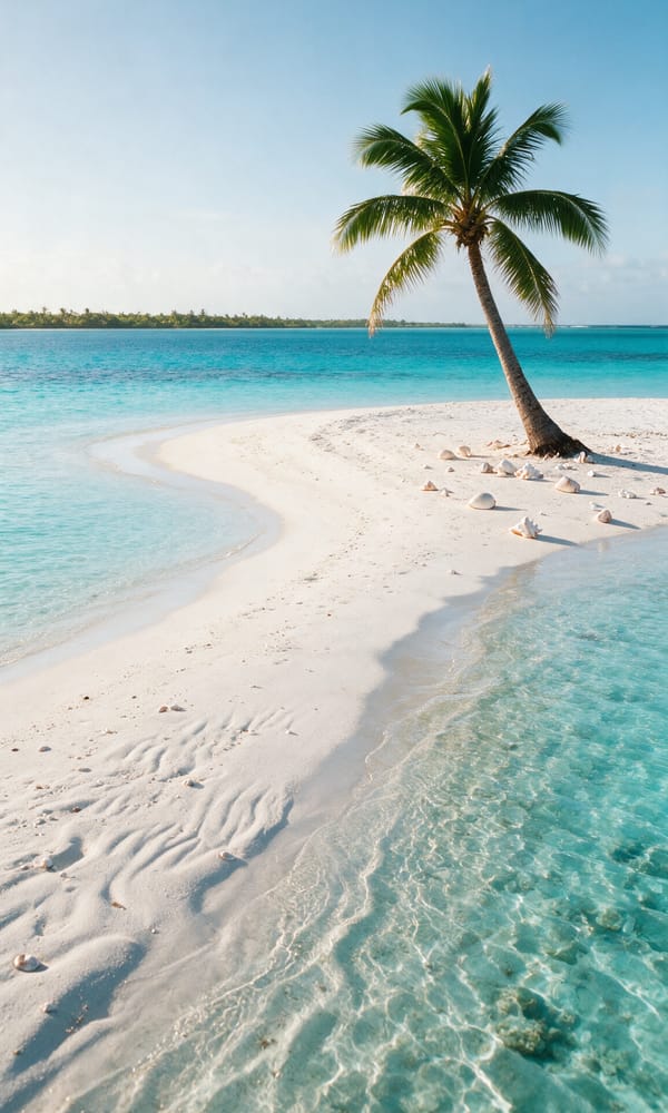 A bare white sandbar and leaning coconut palm on an outer Aitutaki motu at first light