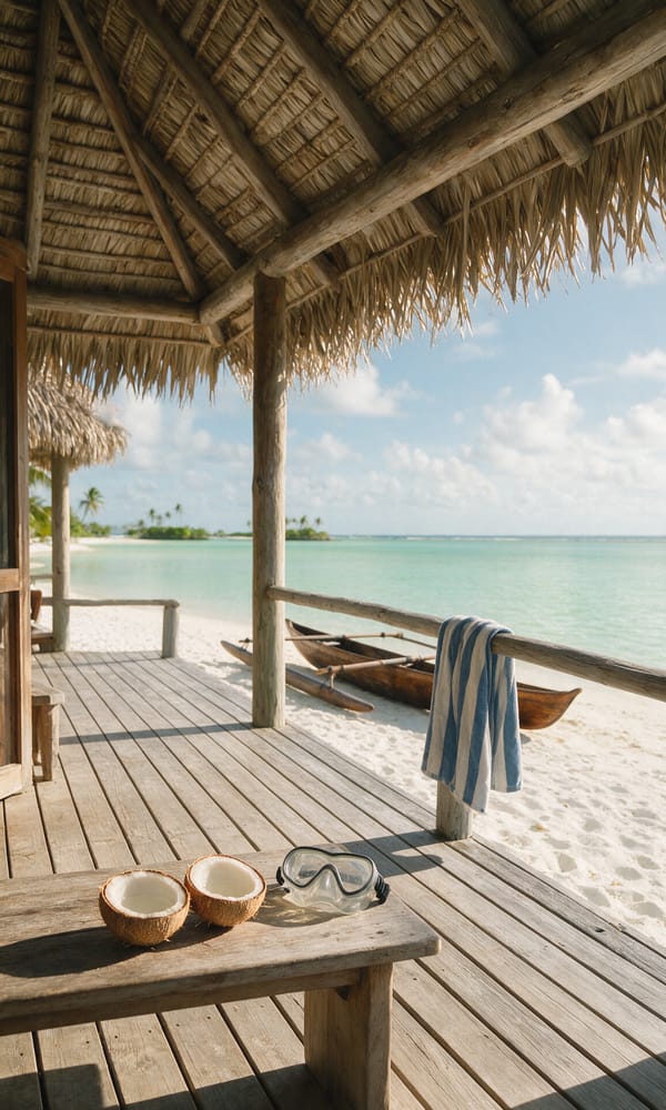 Worn timber decking, coconut shells and a snorkel mask on a beachfront villa deck above the Aitutaki lagoon