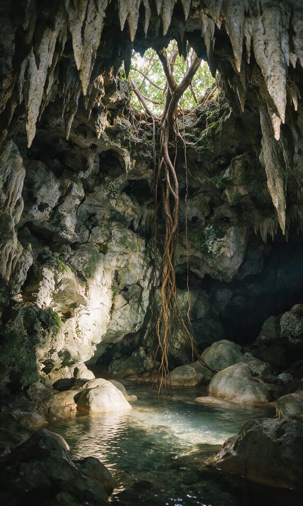 Stalactites and hanging banyan roots inside the Anatakitaki limestone cave on Atiu, lit by one torch beam
