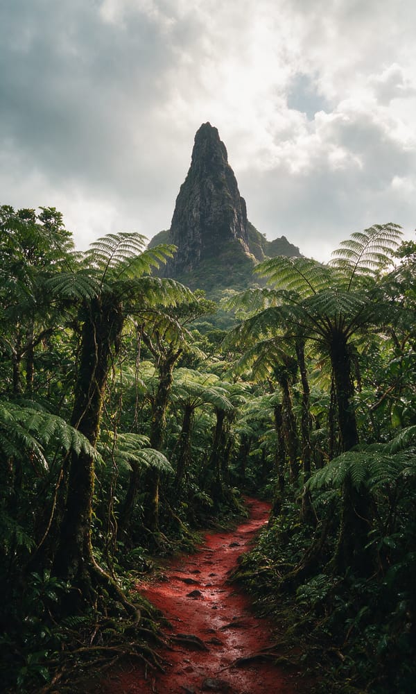 The basalt spire of Te Rua Manga rising above the rainforest on Rarotonga's cross-island track
