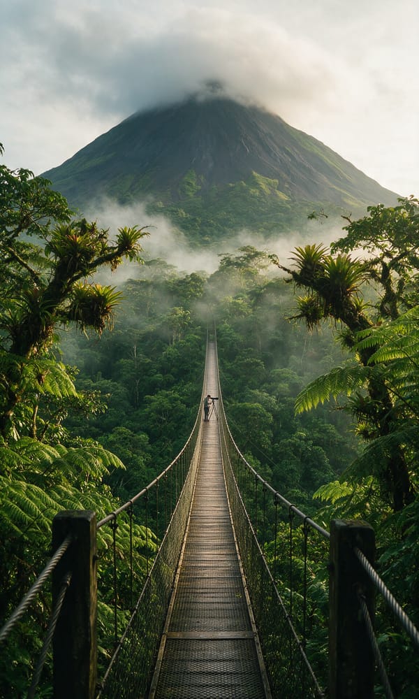 A cable suspension bridge running over misty rainforest canopy with Arenal's cone in cloud beyond