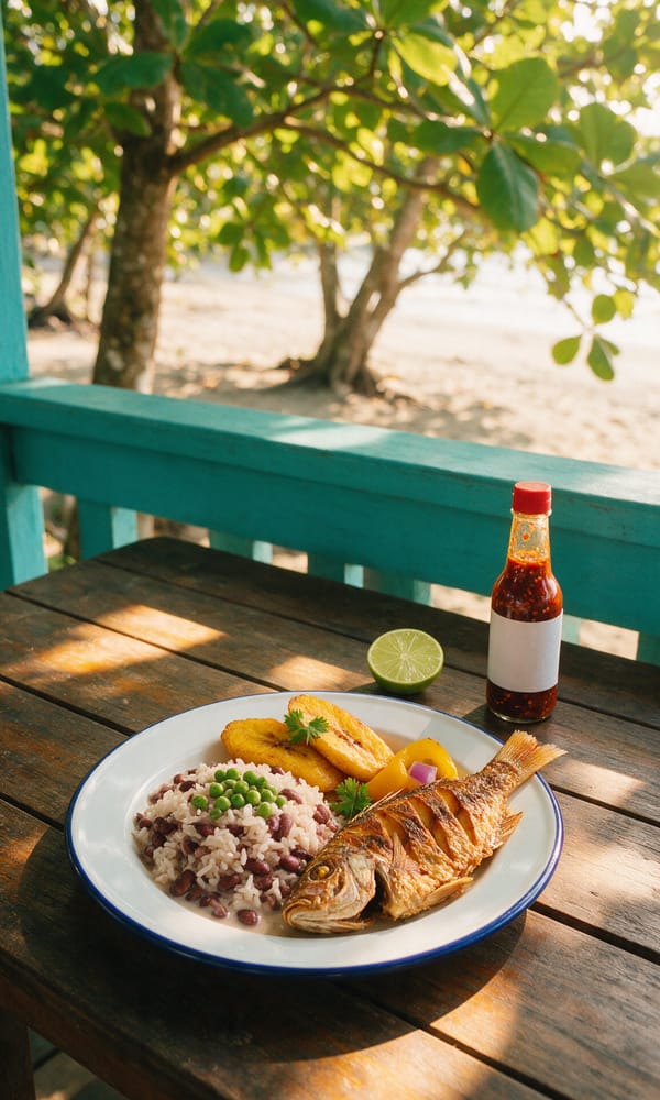 Rice and beans with fried plantain and whole snapper on a veranda table in Puerto Viejo