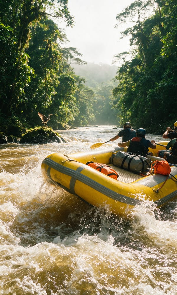 A yellow raft breaking through white water on a jungle river walled by rainforest on both banks