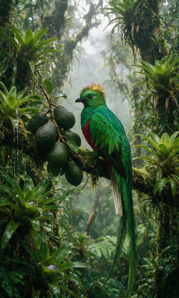 A male resplendent quetzal with long tail streamers on a mossy branch in Monteverde cloud forest