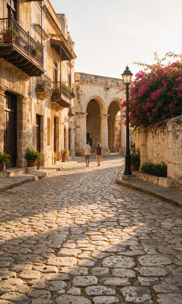 Early light on the cobbles and coral-stone facades of Calle Las Damas, Santo Domingo