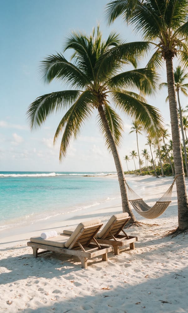 Wooden loungers and a hammock under leaning palms above turquoise shallows at Cap Cana