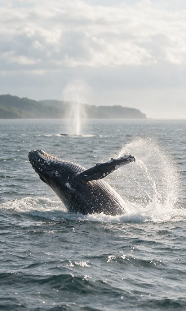 A humpback whale breaching in Samaná Bay with the green headlands of the peninsula behind