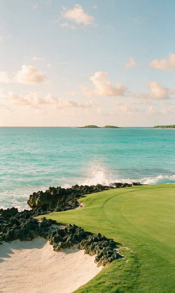 A seaside green edged with black coral rock and breaking surf at Teeth of the Dog