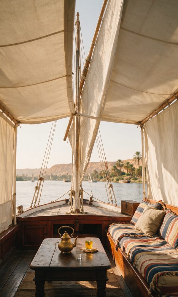 Mint tea and cushions on the teak deck of a dahabeya sailing the Nile past palms