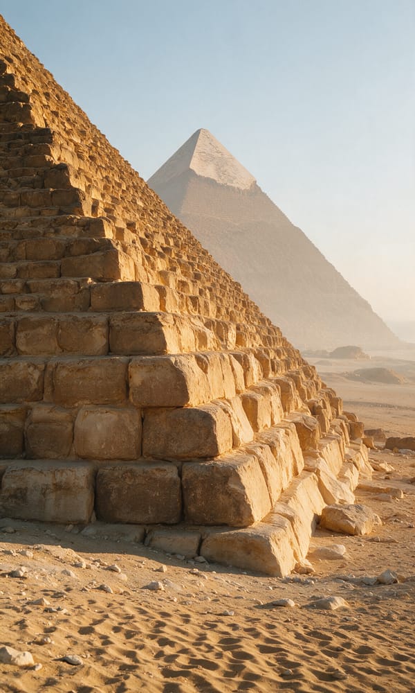 The corner edge of the Great Pyramid at Giza climbing steeply in low dawn light