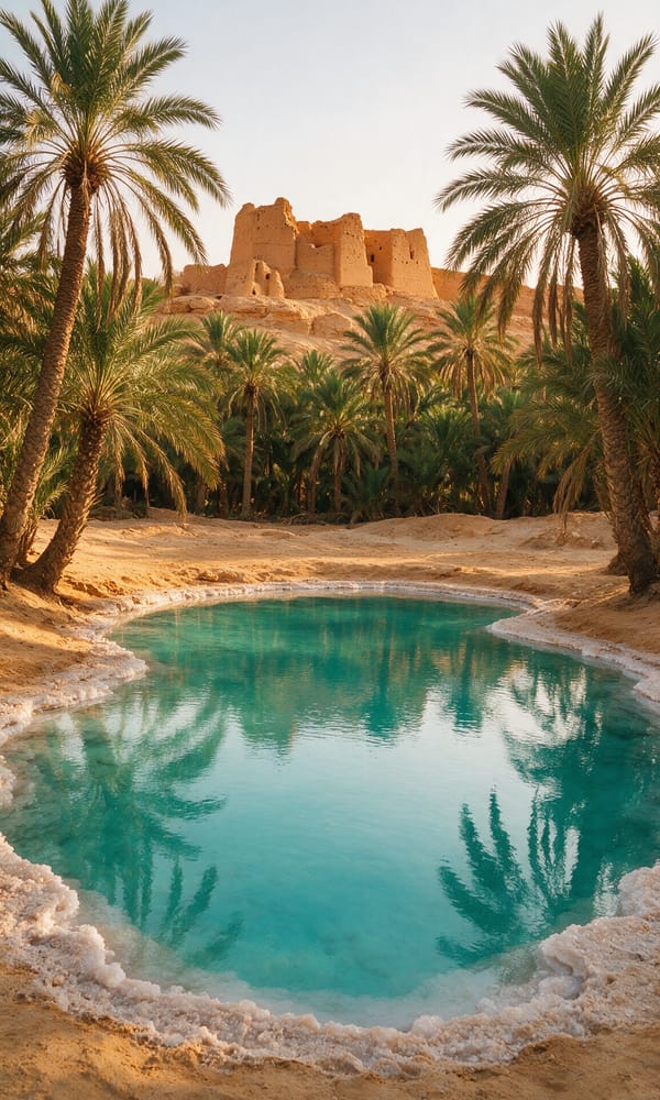 A turquoise salt spring ringed by date palms below Siwa's mud-brick Oracle temple ruins