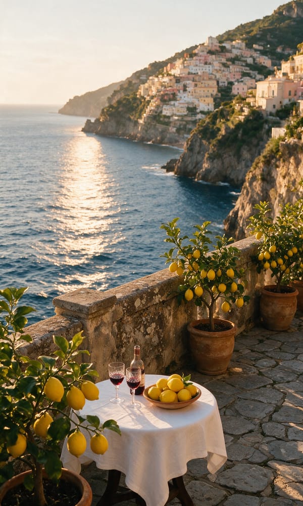 A table set with wine and lemons on an Amalfi Coast terrace above the sea, Positano on the far headland