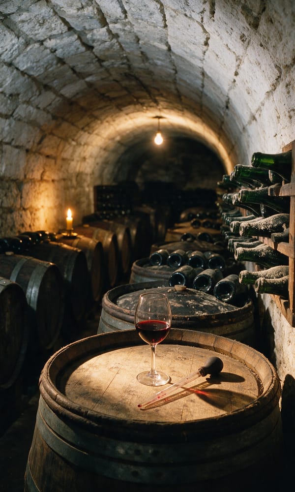 A glass of red wine and a pipette on a barrel head in a candlelit Burgundy cellar