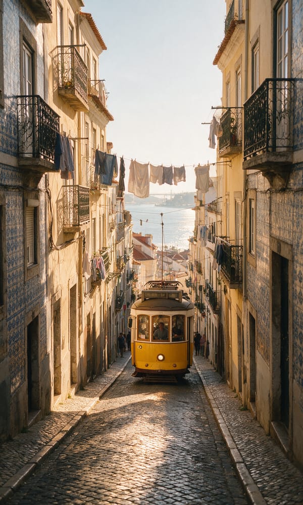 A yellow tram climbing a cobbled Alfama street in Lisbon with laundry strung overhead and the Tagus below