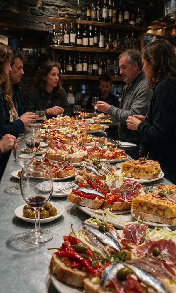 Platters of pintxos crowding a zinc bar counter in the old town of San Sebastián