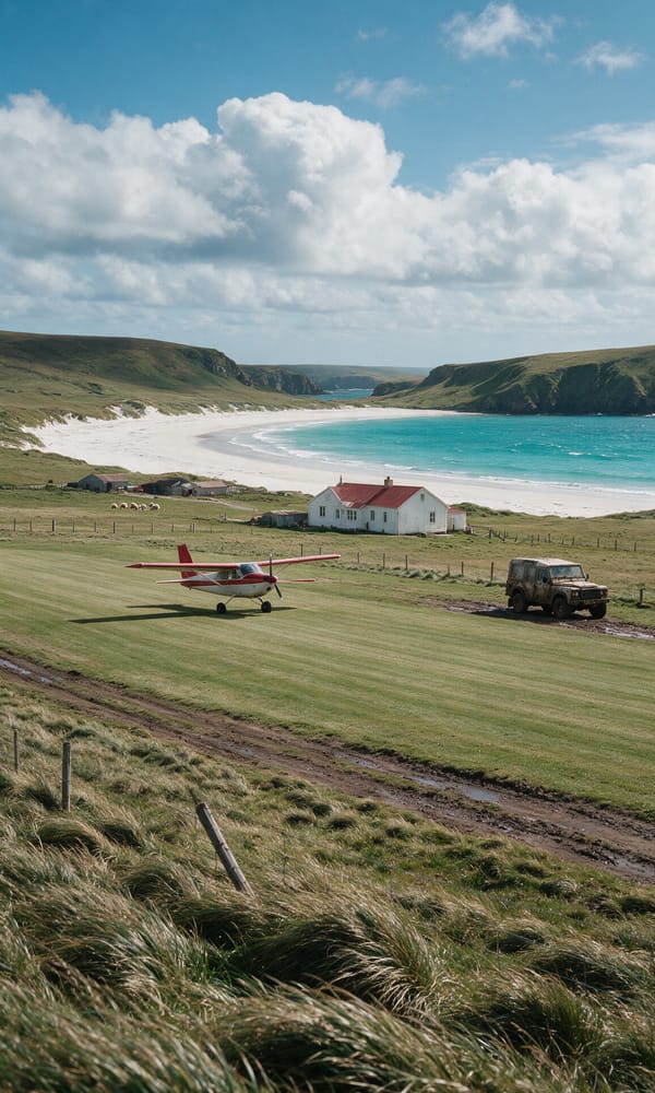 A small propeller aircraft on a grass airstrip above a white-sand Falklands bay, farm lodge beyond