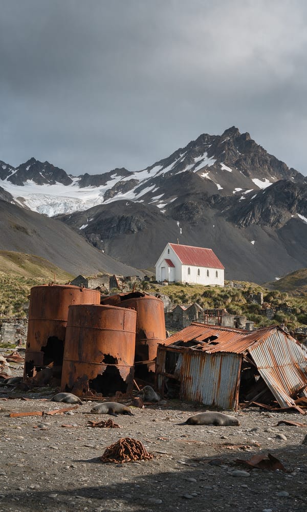 Rusted oil tanks and fur seals among the ruins of Grytviken whaling station below the white church