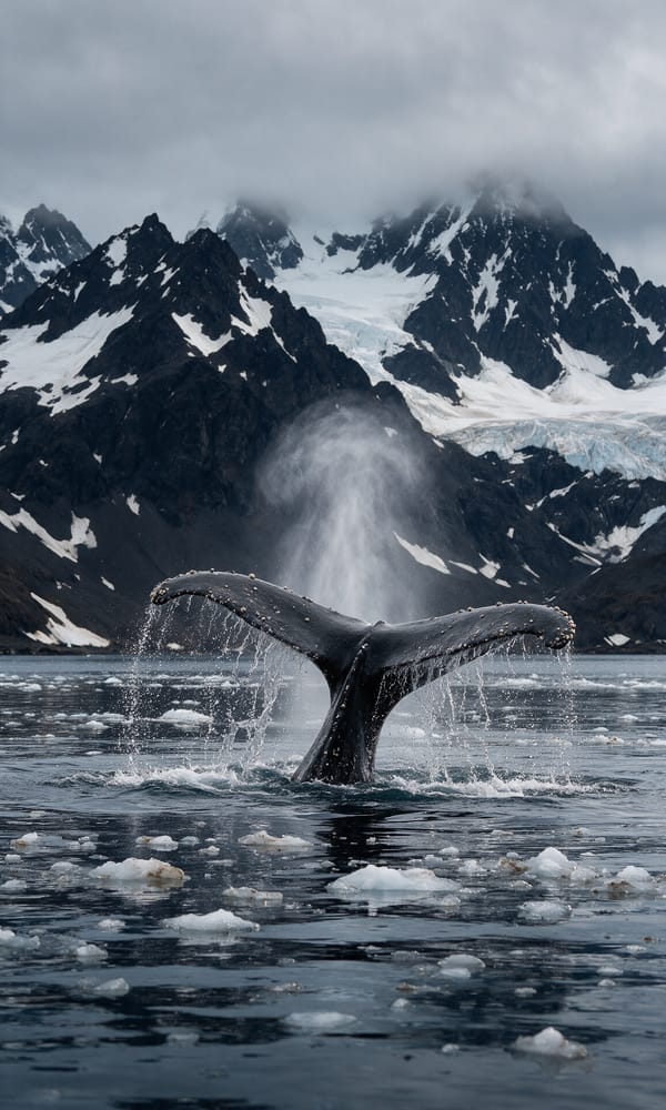 A humpback whale's tail lifting from a brash-ice channel below snow-streaked South Georgia mountains